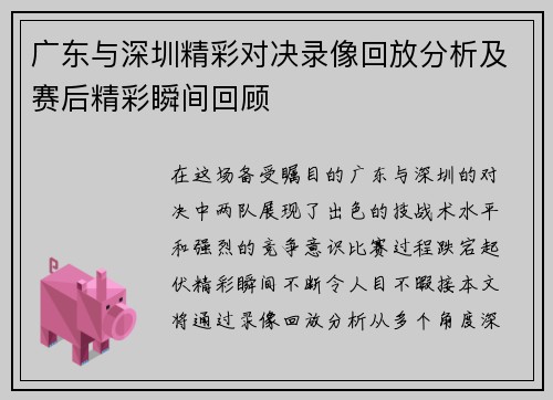 广东与深圳精彩对决录像回放分析及赛后精彩瞬间回顾